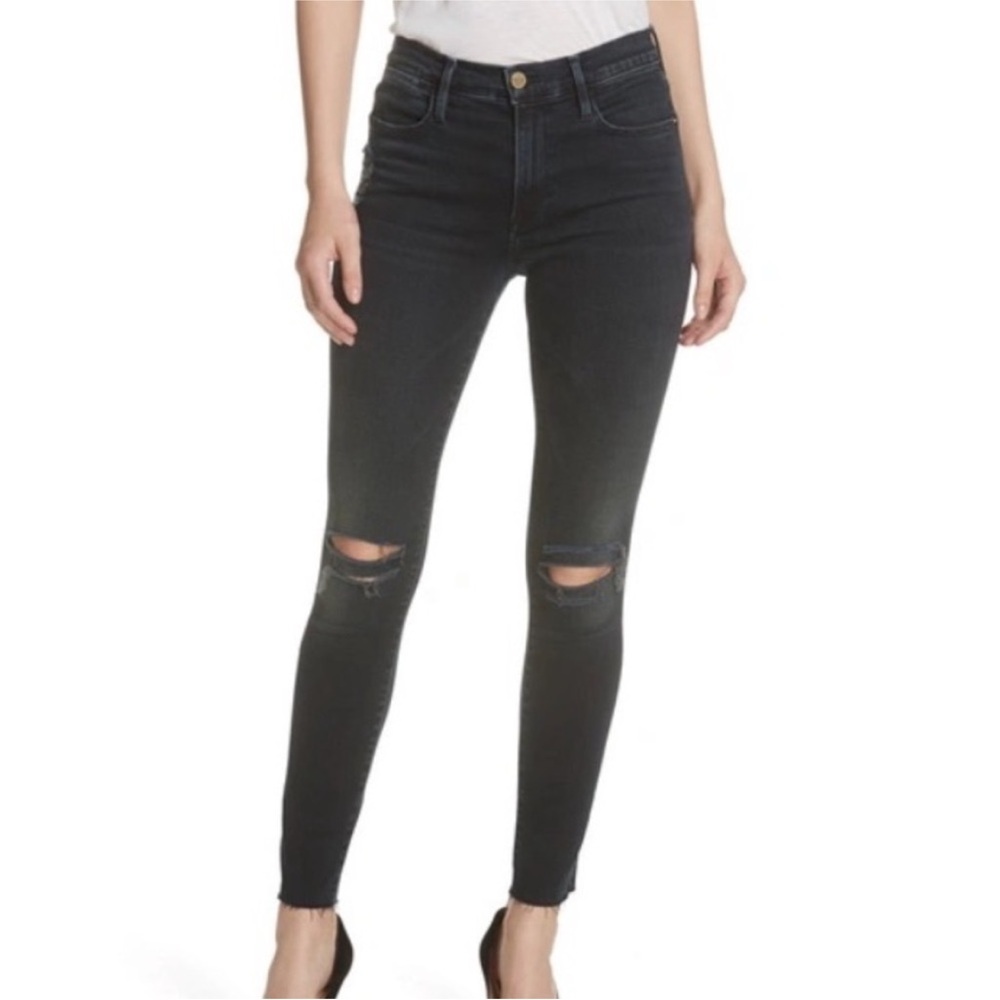 Frame Le High Skinny Distressed Ankle Jeans in Dark Blue (Positano) size 27